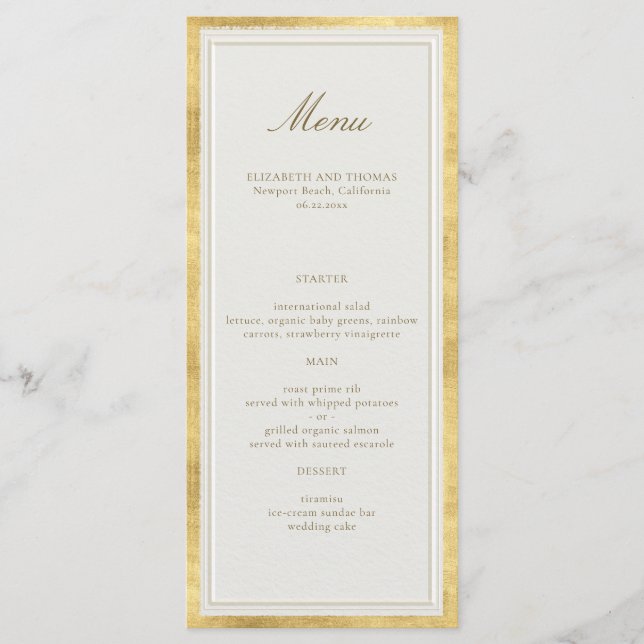 Menu Clássico Moderno Casamento Formal Ecru Dourado Fal (Frente)