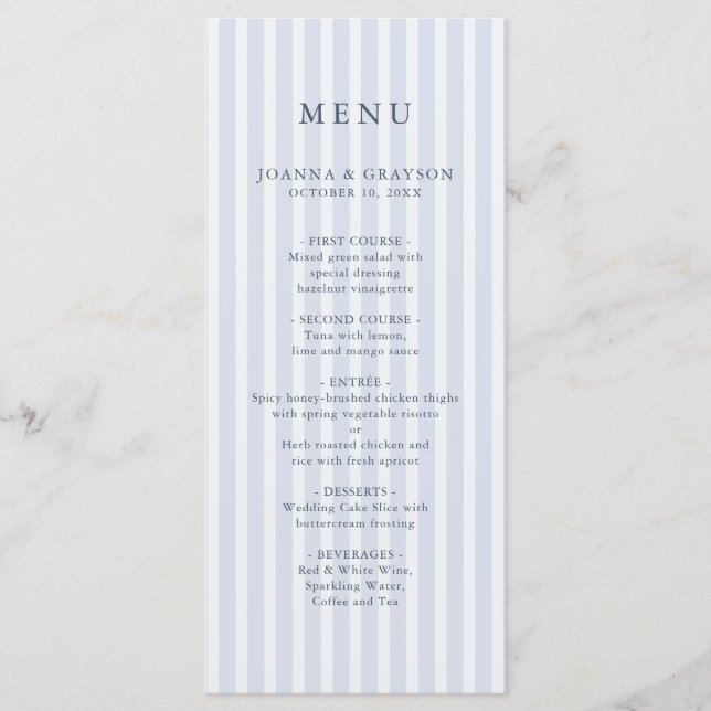 Menu Clássico Moderno Listras Azul Poeira Casamento Vin (Frente)