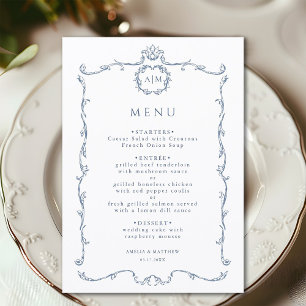 Menu Clássico Moderno Quadro Francês Casamento Azul Poe