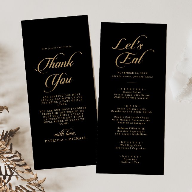 Menu Clássico Preto e Dourado Obrigado e Casamento (Criador carregado)