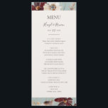 Menu Cobre Burgundy | Janto Teal Wedding<br><div class="desc">Esta flor silvestre de cobre | o menu janto de casamento teal é perfeito para a sua recepção de casamento rústica clássica de ferrugem, branca, marsala. Design apresenta uma coroa boêmica ou um buquê de cor aquática roxa, vermelha, cinza e flores rosadas cor-de-rosa, juntamente com laranja queimada e verde-ouro. Apresentados...</div>