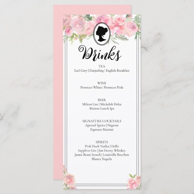 Menu Cocktail, Chá de panela Floral Rosa, (Frente/Verso)