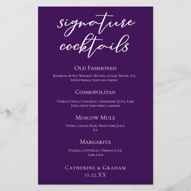 Menu Cocktails da Assinatura Real de Casamento Púr (Frente)