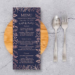 Menu Coleção de Casamentos Florais Dourados e Marinho<br><div class="desc">Celebre em estilo com esses menus modernos e muito modernos do café da manhã de casamento. O design é fácil de personalizar com sua própria redação e seus convidados ficarão entusiasmados quando eles virem esses menus fabulosos. Itens correspondentes podem ser encontrados na coleção.</div>