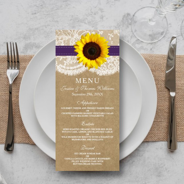 Menu Coleção Kraft, Lace & Sunflower - Roxo (Criador carregado)