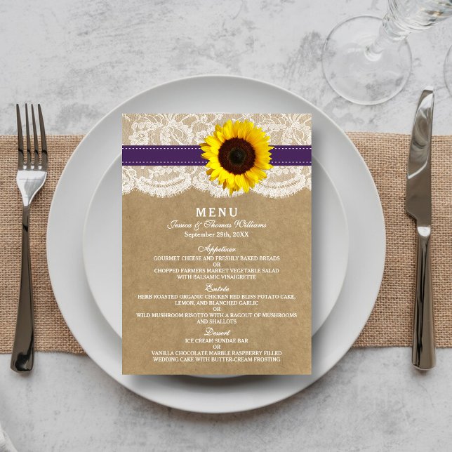 Menu Coleção Kraft, Lace & Sunflower - Roxo (Criador carregado)