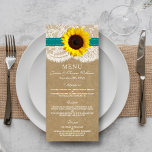 Menu Coleção Kraft, Lace & Sunflower - Teal<br><div class="desc">A coleção Kraft, lace e girassol é uma design impressionante que apresenta um adorável fundo de efeito de papel rústico Kraft com um romântico efeito de renda branca vintage, acabado com um girassol atordoante e um efeito de fita teal. Esses menus podem ser personalizados para sua ocasião especial e fariam...</div>