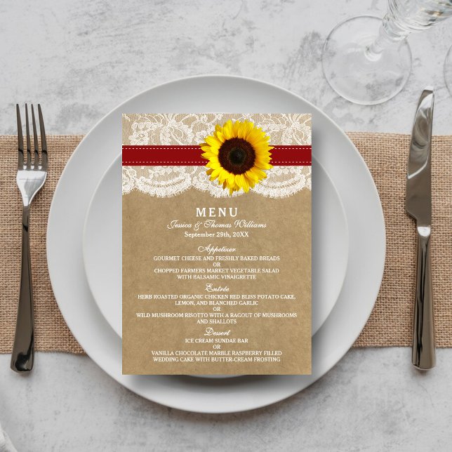 Menu Coleção Kraft, Lace & Sunflower - Vermelho (Criador carregado)