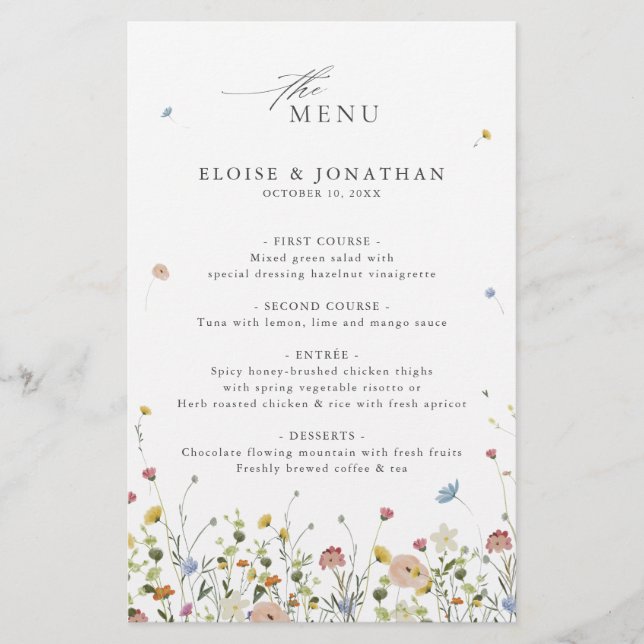 Menu Colorido de Casamento de Prados de Primavera  (Frente)