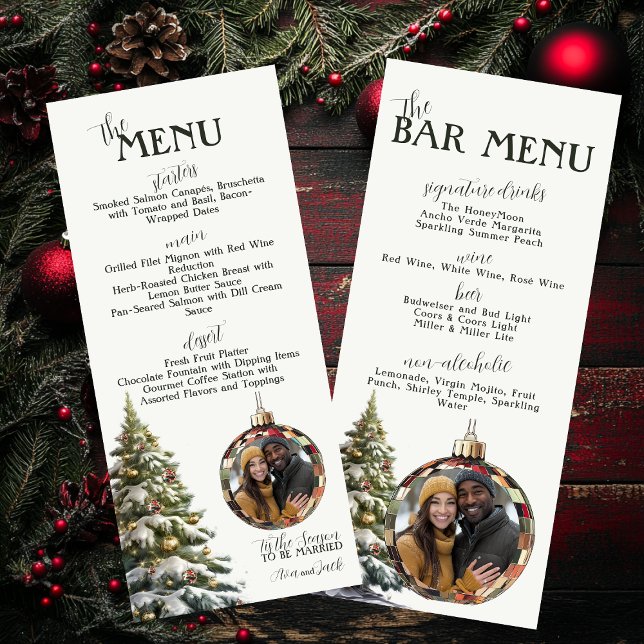 Menu Coma, beba, e seja feliz casamento de Natal (Wedding Menu & Bar Menu for Christmas Wedding with Personalized Ornament Photo)