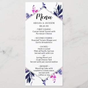 Menu Comensal roxo floral Enchanted da recepção de