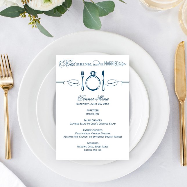 Menu Comer Beber e Casar Jantar de Casamento Azul Marin (Criador carregado)