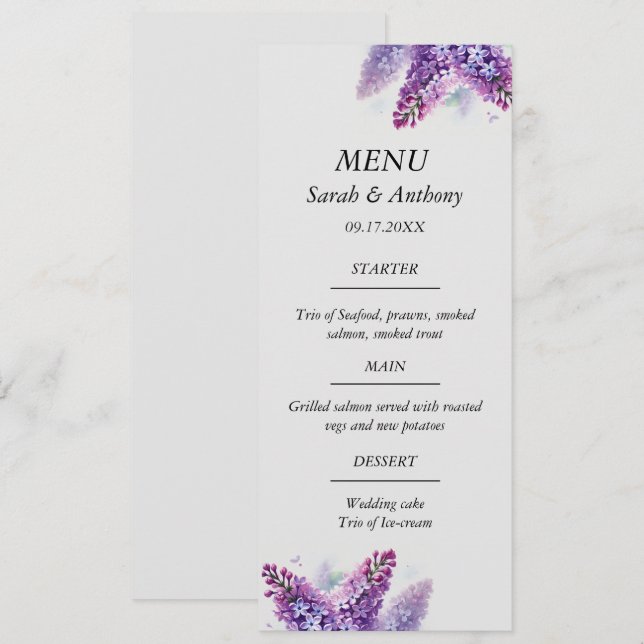 Menu Comida de Casamento de Aquarelas Florais Lilac Pur (Frente/Verso)