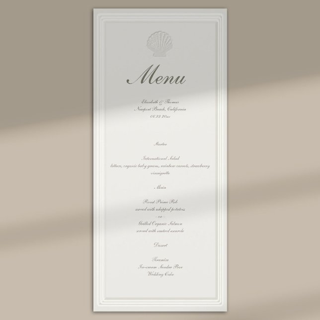 Menu Conchas Navais Formal Náutico Ecru Casamento (modern classic wedding menu coastal nautical shell ecru script formal traditional elegant)