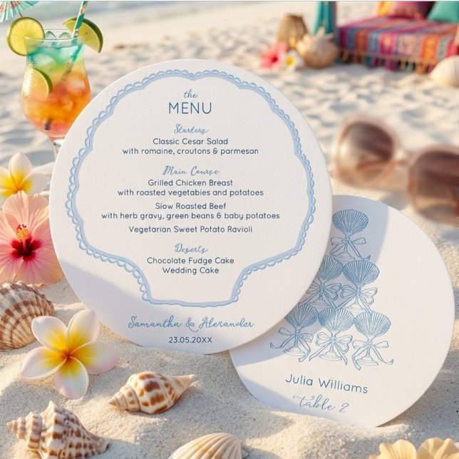 Menu Conchas & Sininhos de Casamento Festa de Solteira  (Seashells & Wedding Bells Party Menu & Guest Name Card Beach Bachelorette Birthday Rehearsal Dinner)