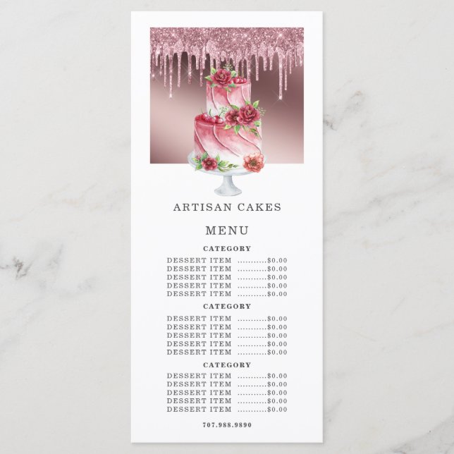 Menu Confeiteiro de Padaria Bolo Drips de Glitter Rosa  (Frente)