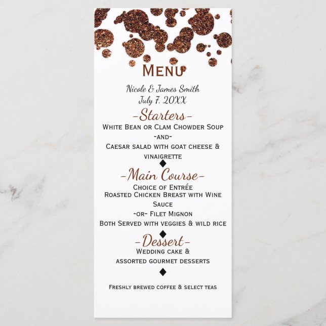 Menu Confetti Glamor Moderno de Bronze de Cobre (Frente)