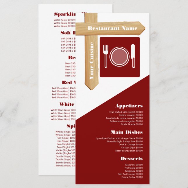Menu Configuração de Mesa de Sinal de Madeira, Linha Fi (Frente/Verso)