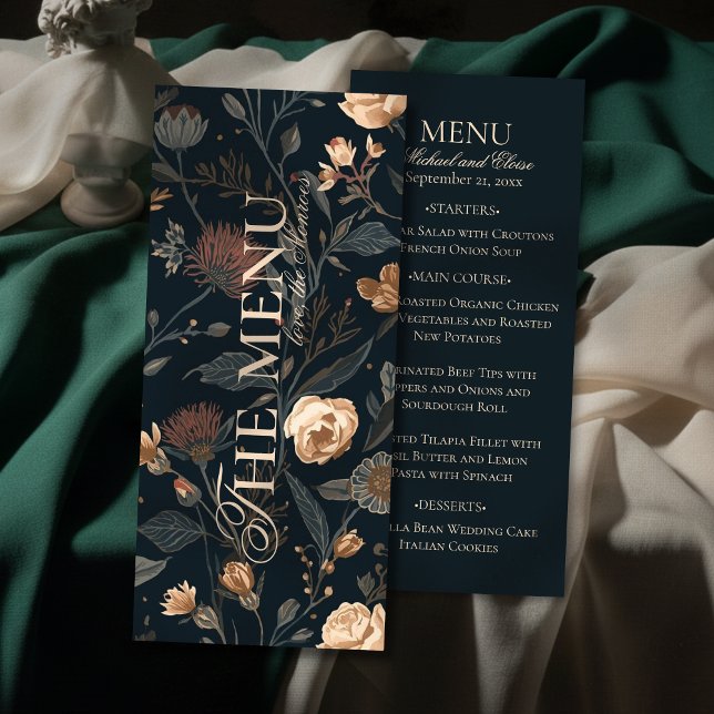 Menu Contemporary Black Floral Wedding Dinner (Elevate your reception table with this Contemporary Black Floral Wedding Dinner Menu! )