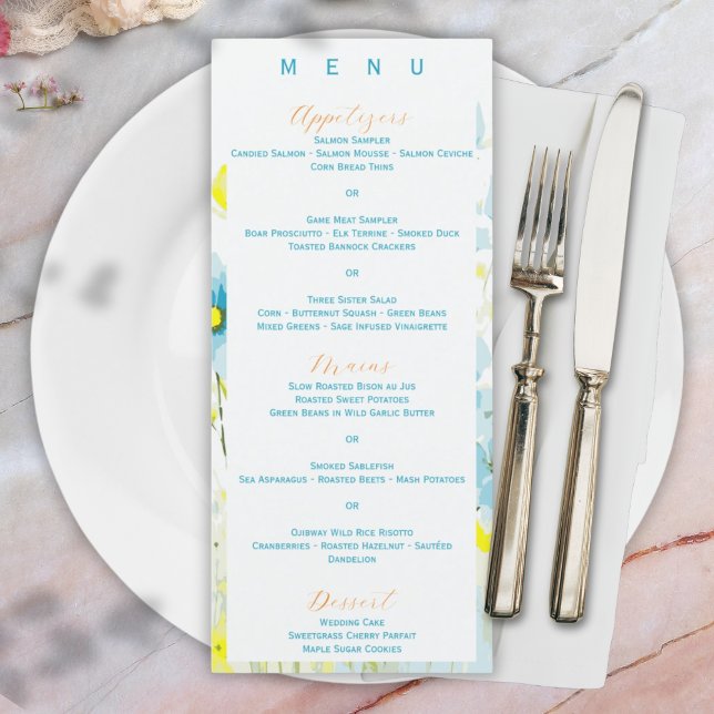 Menu Cópulas Amarelas Rústicas Simples Azuis Aquarela (Criador carregado)