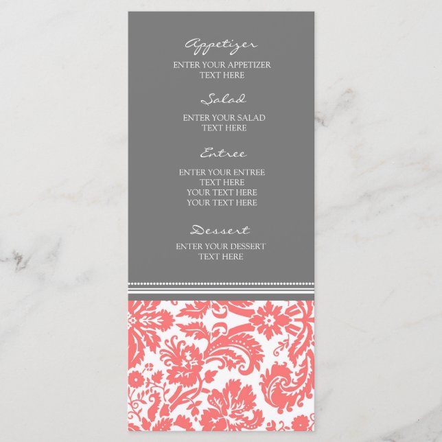 Menu Cor damasco de Coral Cinza de Casamento (Frente)