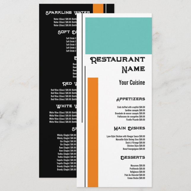 Menu Cor de Bloco Clássico Duplo, Slimline de Restauran (Frente/Verso)
