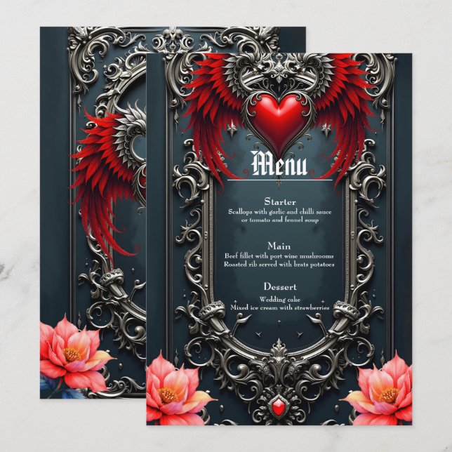 Menu Coração Alado Carmesim  Romântico Gótico Elegante  (Frente/Verso)