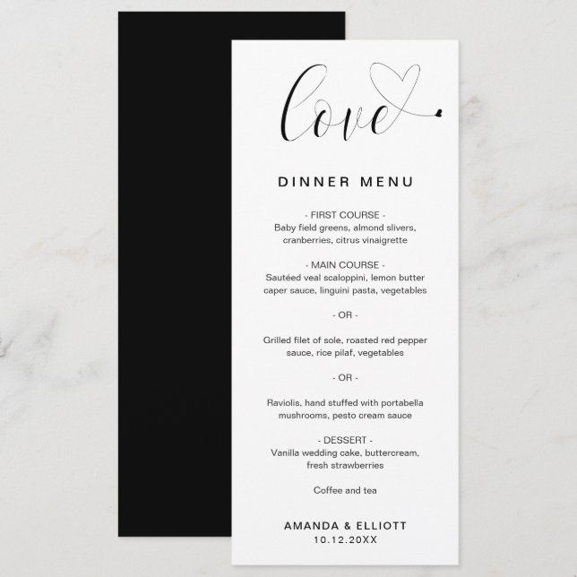 Menu Coração de Amor Casamento Elegante (Frente/Verso)