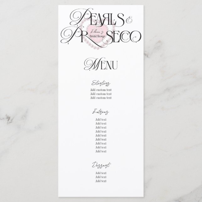 Menu Coração Elegante Pérolas Prosecco Chá de panela (Frente)