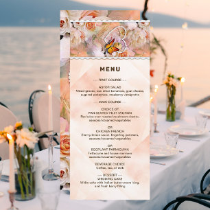 Menu Coração Pérolas Laranja Rosas Borboletas Casamento