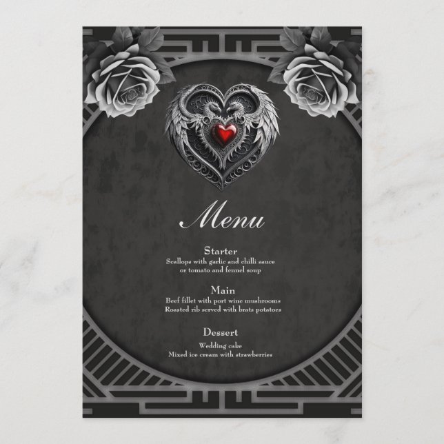 Menu Coração prateado com asas. (Frente)