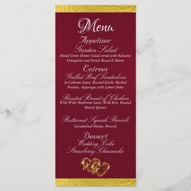 Menu Corações e Monograma - Borgonha/Casamento Dourado (Frente)