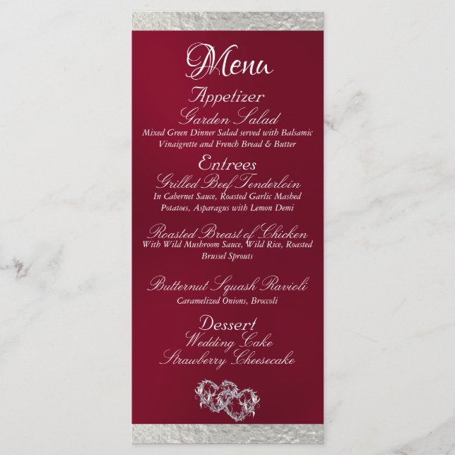 Menu Corações e Monograma - Casamento Borgonha/Prata (Frente)