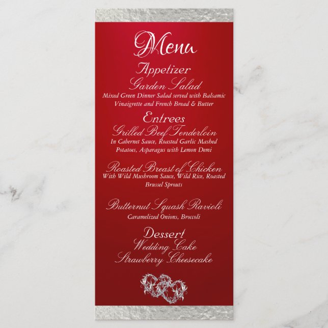 Menu Corações e Monograma - Casamento Crimson/Prata (Frente)