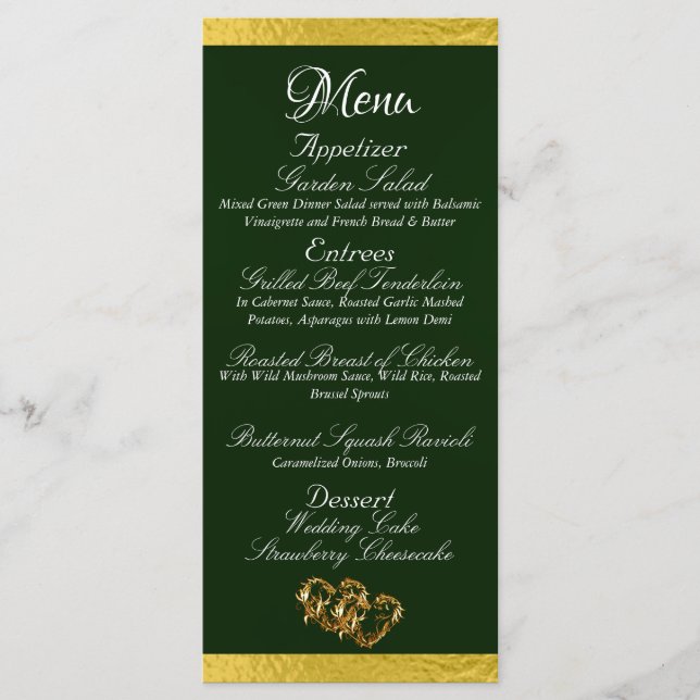 Menu Corações e Monograma - Casamento Esmeralda/Dourado (Frente)