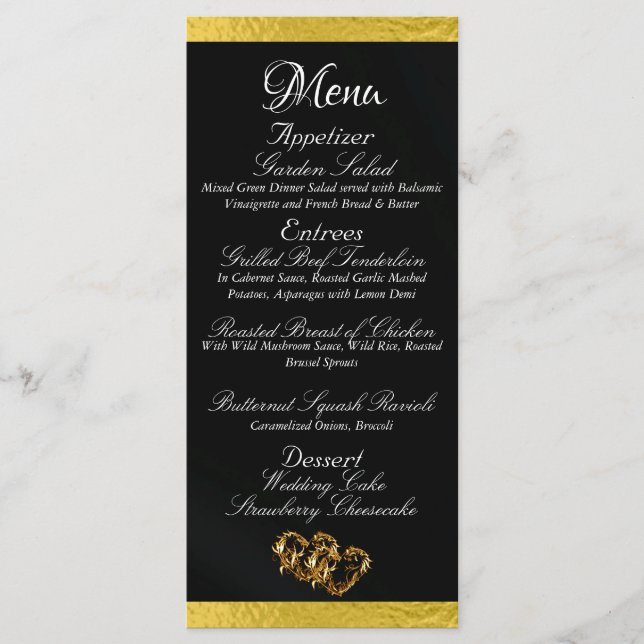 Menu Corações e Monograma - Casamento Preto/Dourado (Frente)