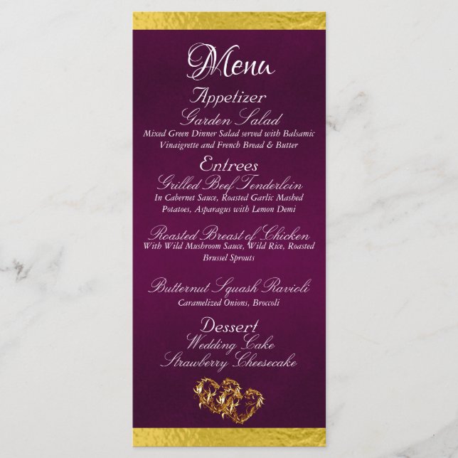 Menu Corações e Monograma - Casamento Roxo/Dourado (Frente)