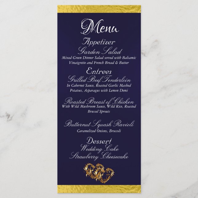 Menu Corações e Monograma - Marinho Azul/Casamento Dour (Frente)