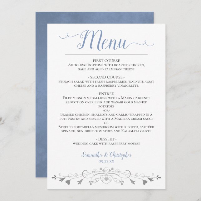 Menu Corações Silvícolas Legantes Casamento Azul de Fil (Frente/Verso)