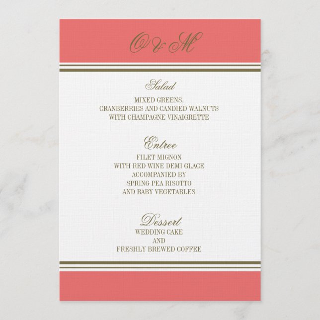Menu coral do casamento da listra simples (Frente)