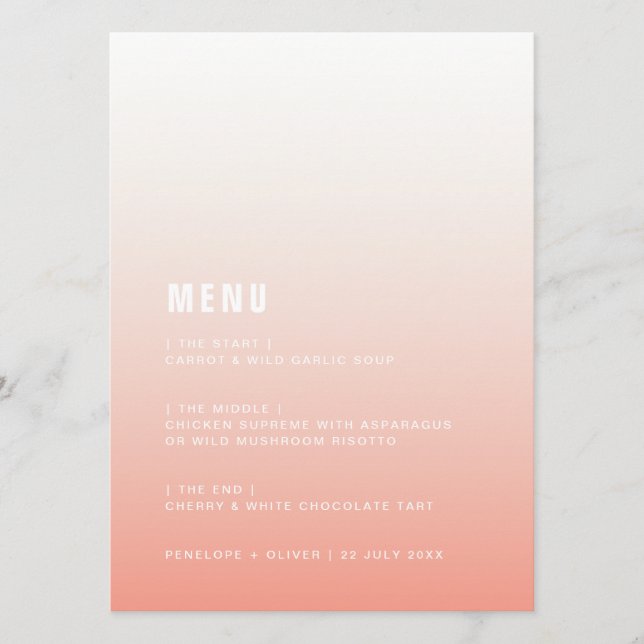 Menu Coral Ombre | Casamento Moderno Mínimo Rosa Esbran (Frente)