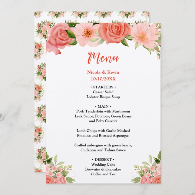 Menu Coral Red Roses with Foliage (Frente/Verso)