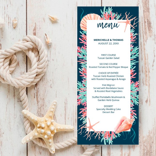 Menu Coral Tropical | Casamento náutico de praia (Criador carregado)