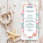 Menu Coral Tropical | Sob O Casamento Marítimo<br><div class="desc">O menu de casamento do tema "Embaixo do Mar", náutico, apresenta um recife de coral de cor aquosa e conchas, em tons de aqua, horta, coral e rosa, com marinho de letra azul. O lado inverso é um padrão de conchas e corais em um fundo azul marinho. Coordena-se com a...</div>