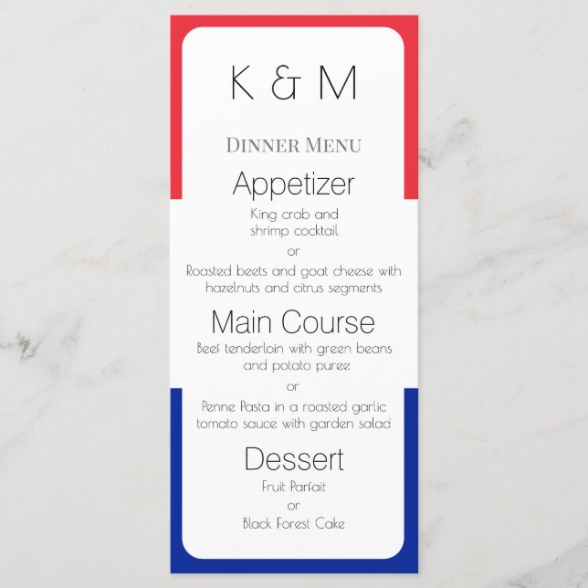 Menu Cores da Bandeira da França Jantar Francês (Frente)