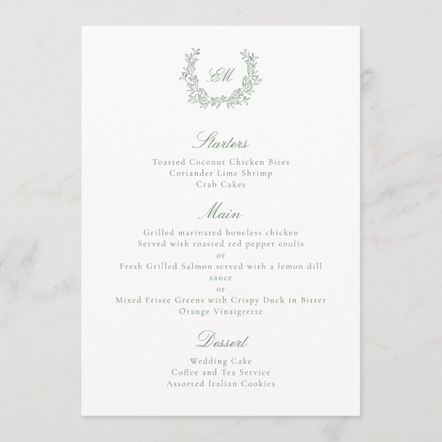 Menu Coroa Botânica de Luxo Verde e Branco Elegante (Frente)