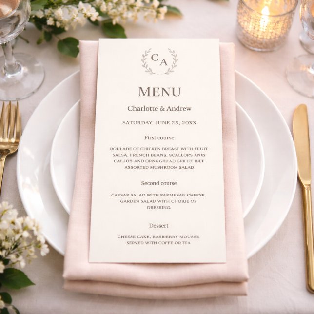 Menu Coroa de casamento clássica para jantar com monogr (Criador carregado)