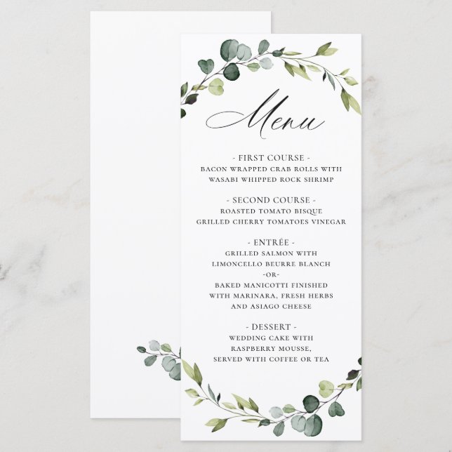 Menu Coroa de Eucalipto Moderna Aquarela Casamento Boho (Frente/Verso)