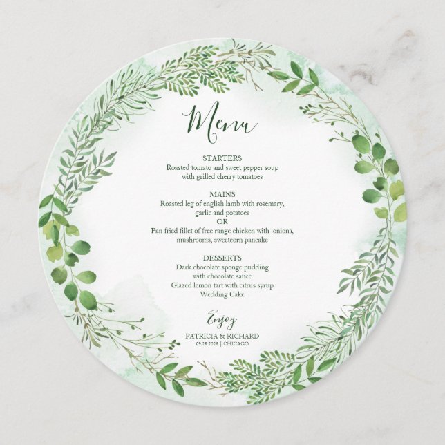 Menu Coroa de Folhagem Verde Folhagem Casamento Cardápi (Frente)