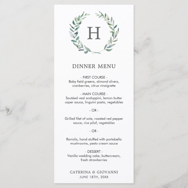 Menu Coroa de Verdura com Monograma para Casamento Eleg (Frente)